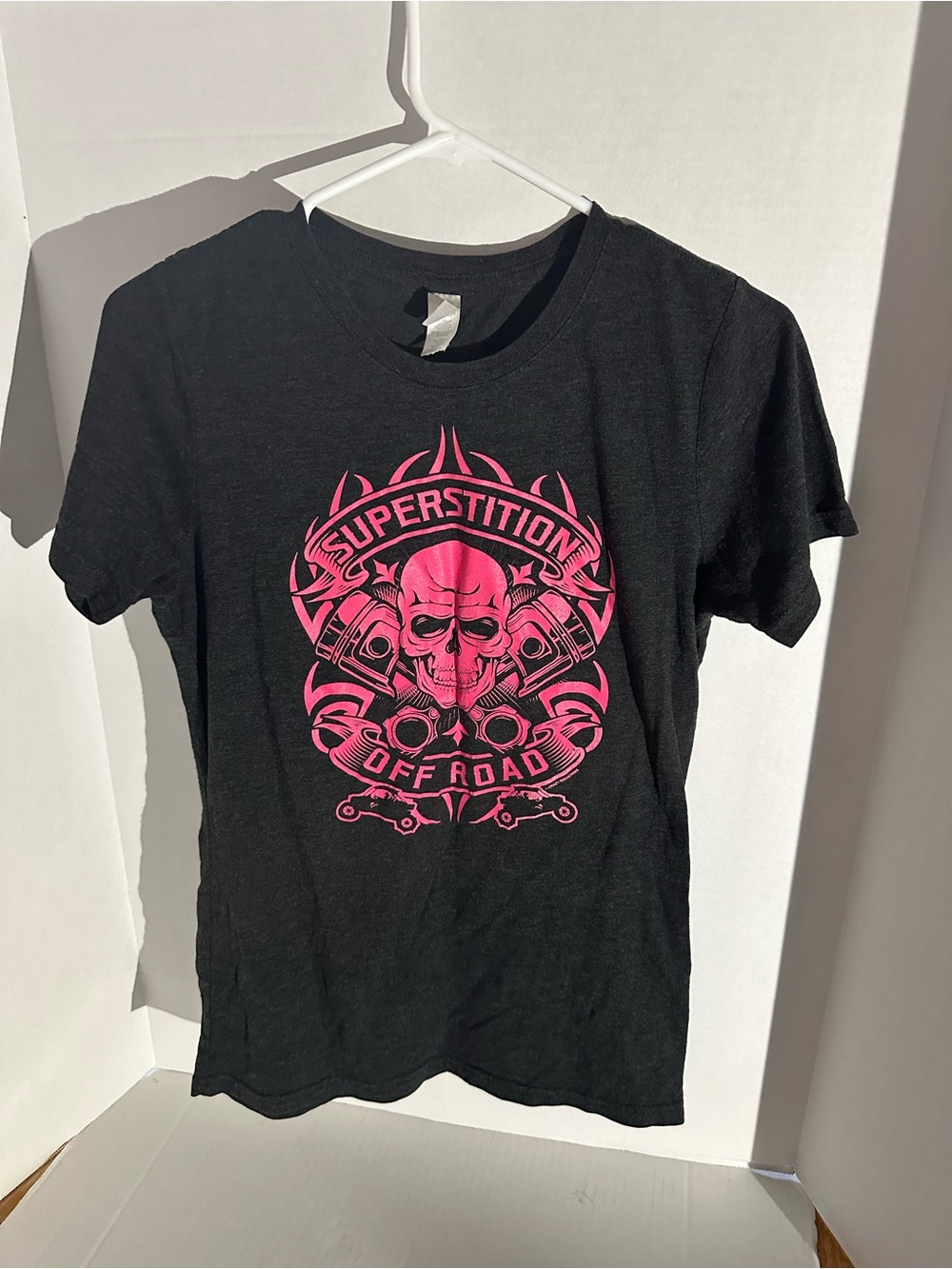 Black Short-Sleeve Tee with Pink 'Superstition Off Road' Skull Graphic